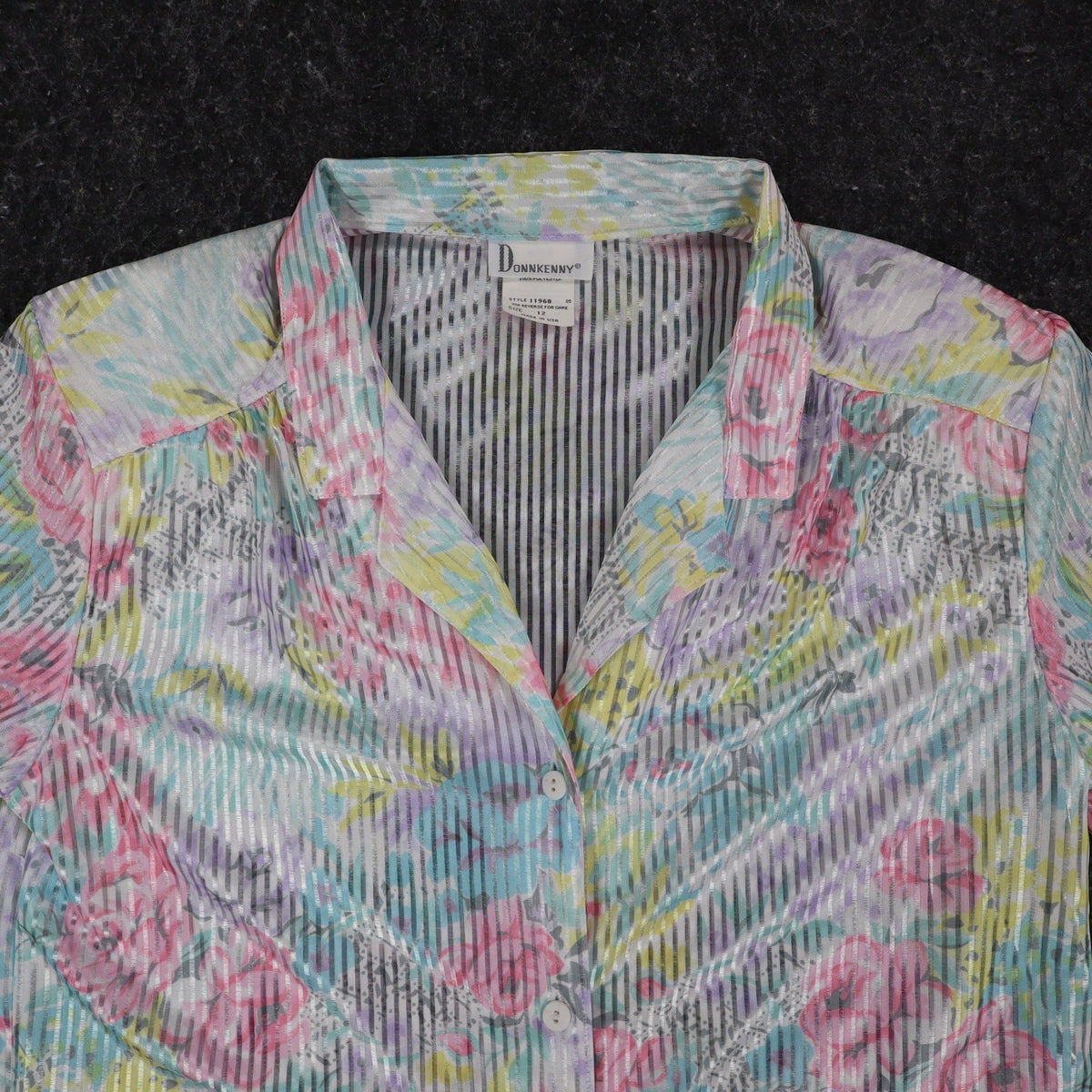 Donnkenny Blouse Womens 12 Vintage 90s Pastel Floral Sheer Stripe Button Up USA - take2supply