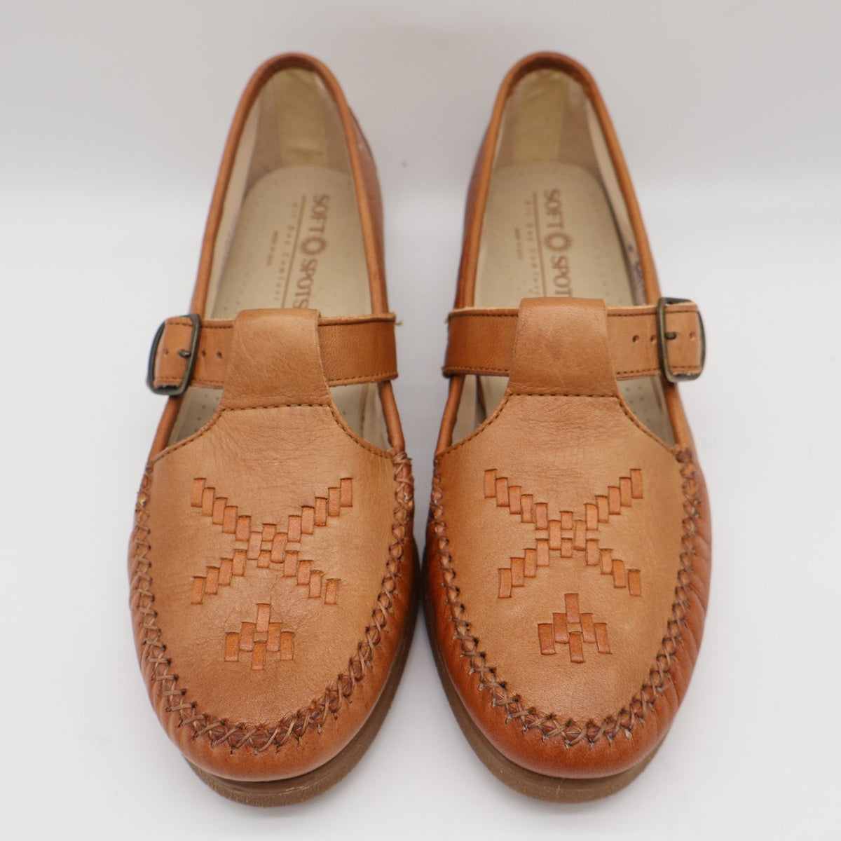 Soft Spots Reina Loafers Womens 6.5 Vintage Peanut Brown Leather T-Strap Shoes - take2supply