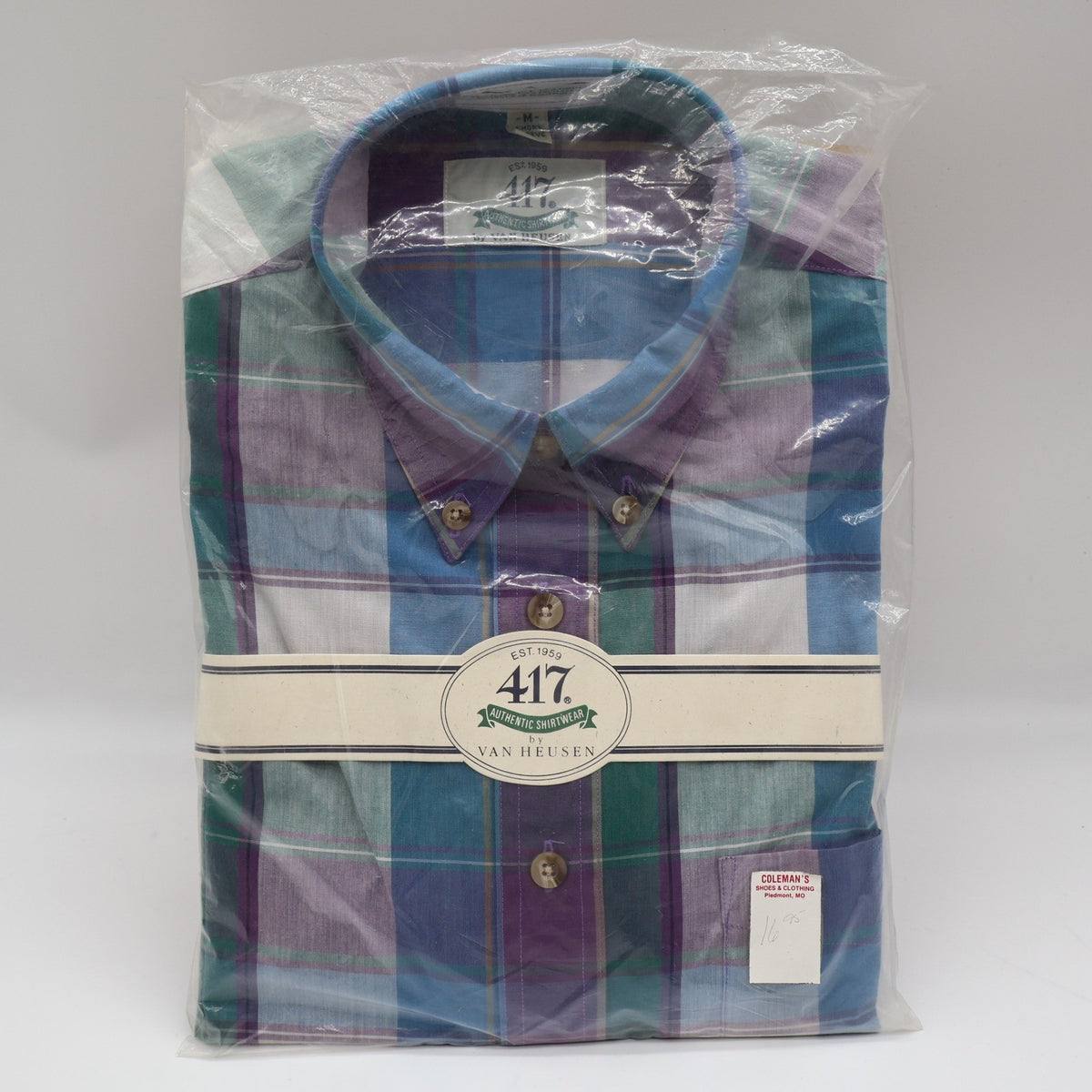 Van Heusen 417 Shirt Mens Medium Vintage 90s Plaid Short Sleeve Deadstock Blue - take2supply