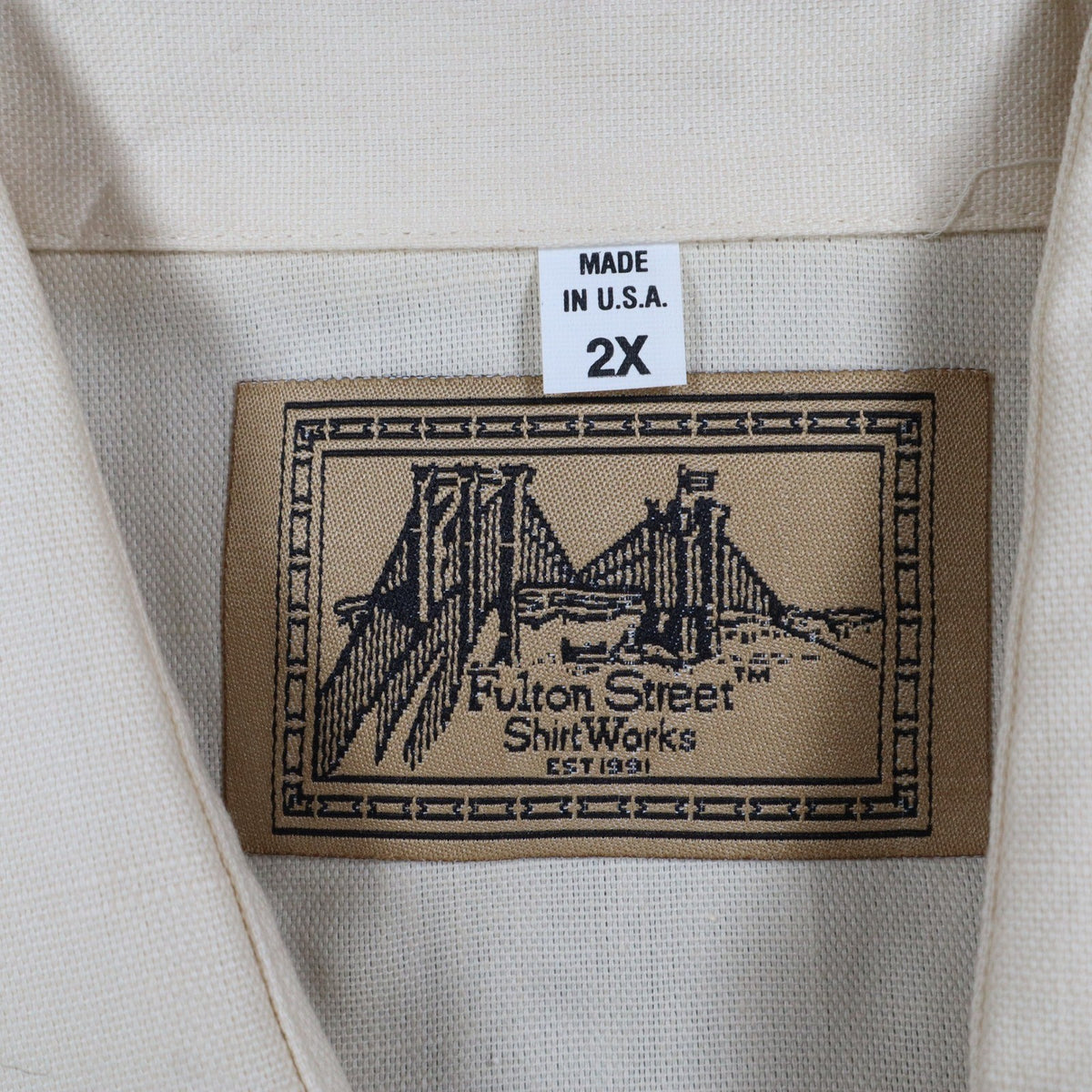 Fulton Street Shirt Works Polo Mens 2X Vintage 90s Cream Banded Bottom USA Made - take2supply
