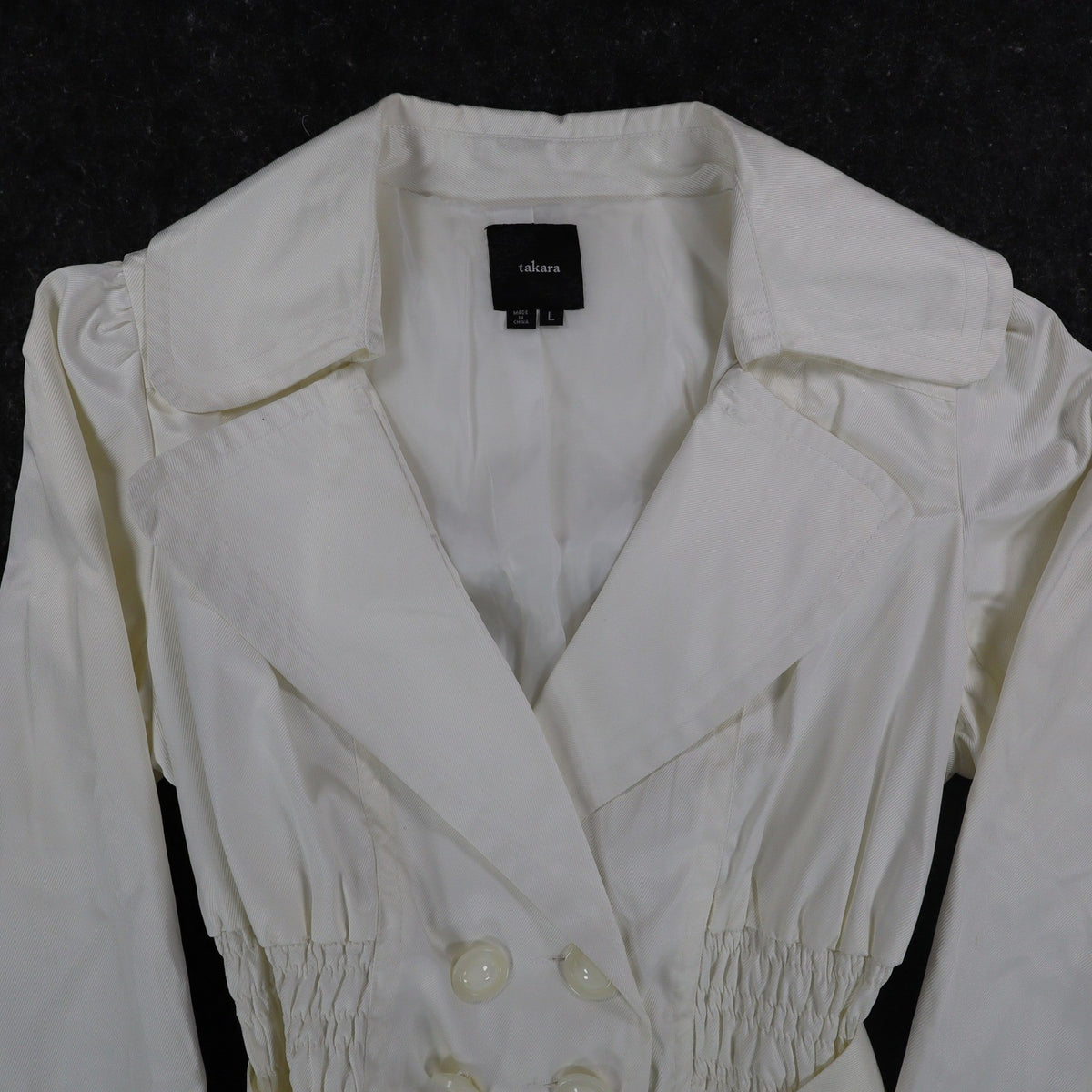 Takara Trench Coat Womens L White Belted Double Breasted Smocked NOS NWT - take2supply