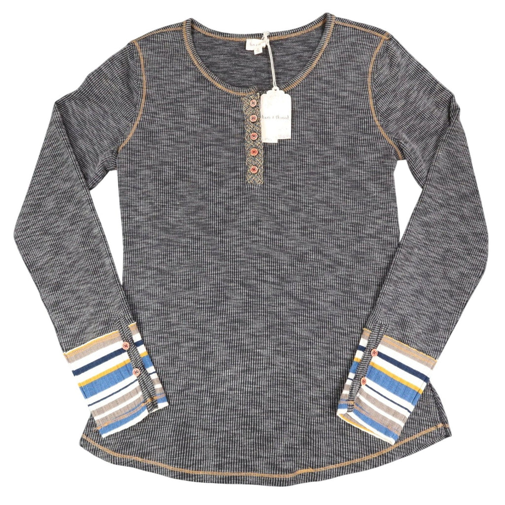 Hem & Thread Henley Top Womens Medium NWT Gray Ribbed Knit Striped Cuff L4753 - take2supply