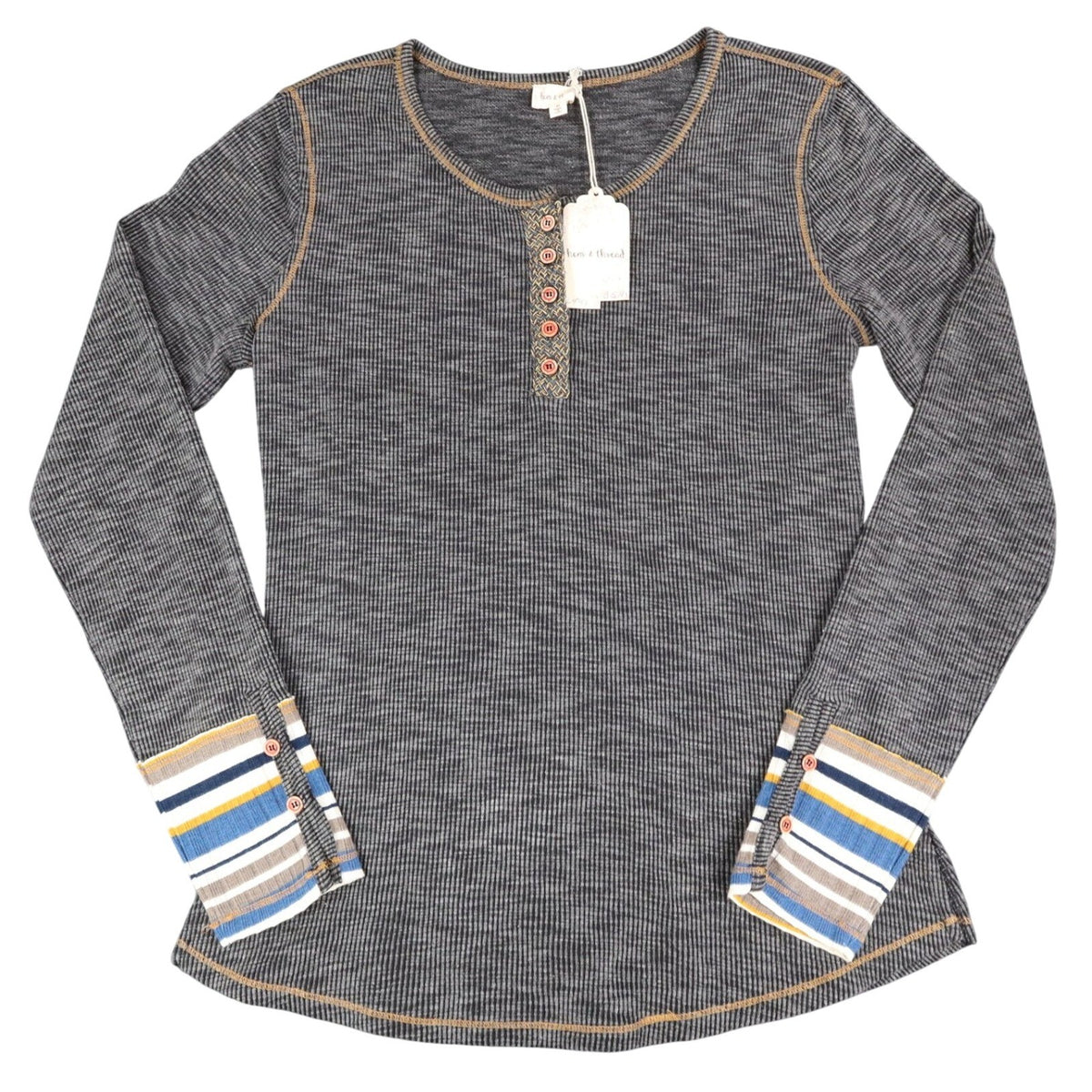 Hem & Thread Henley Top Womens Medium NWT Gray Ribbed Knit Striped Cuff L4753 - take2supply