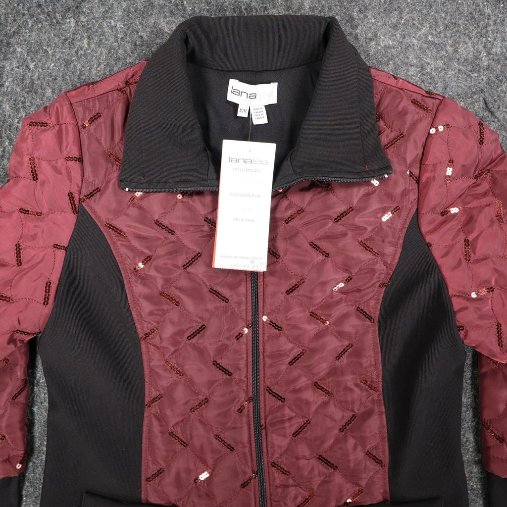 Lanalee Quilted Sequin Jacket Womens Size M Burgundy Black Zip Up Made In Canada - take2supply