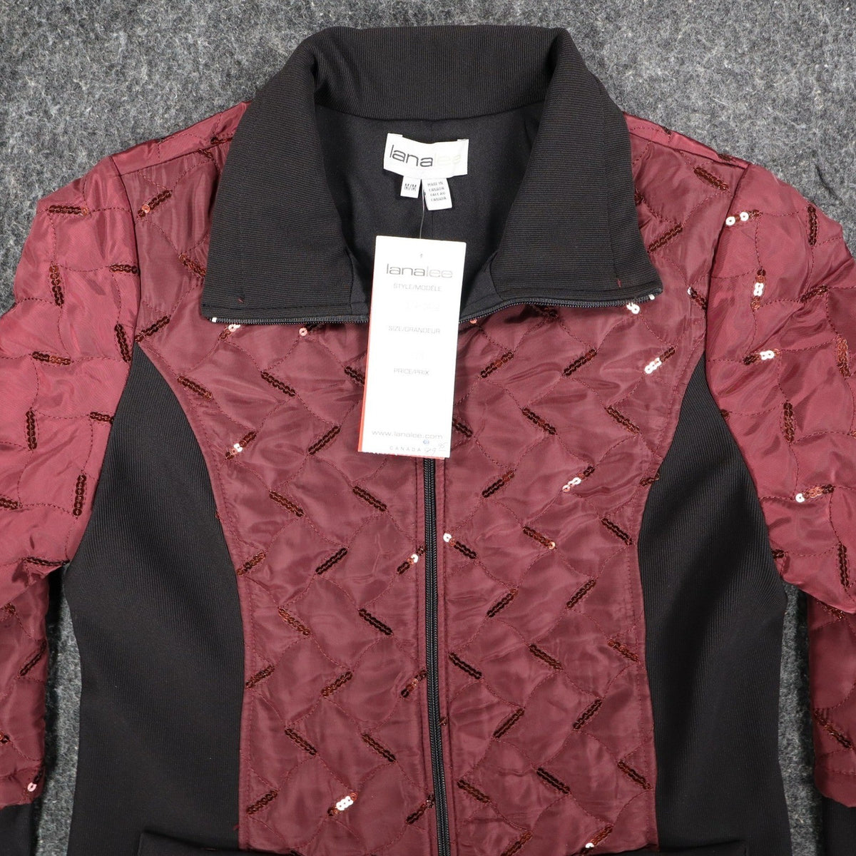 Lanalee Quilted Sequin Jacket Womens Size M Burgundy Black Zip Up Made In Canada - take2supply