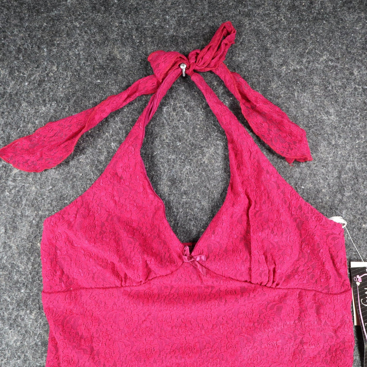 My Michelle Halter Top Large Y2K Pink Floral Lace Tie Neck Lettuce Hem NWT - take2supply