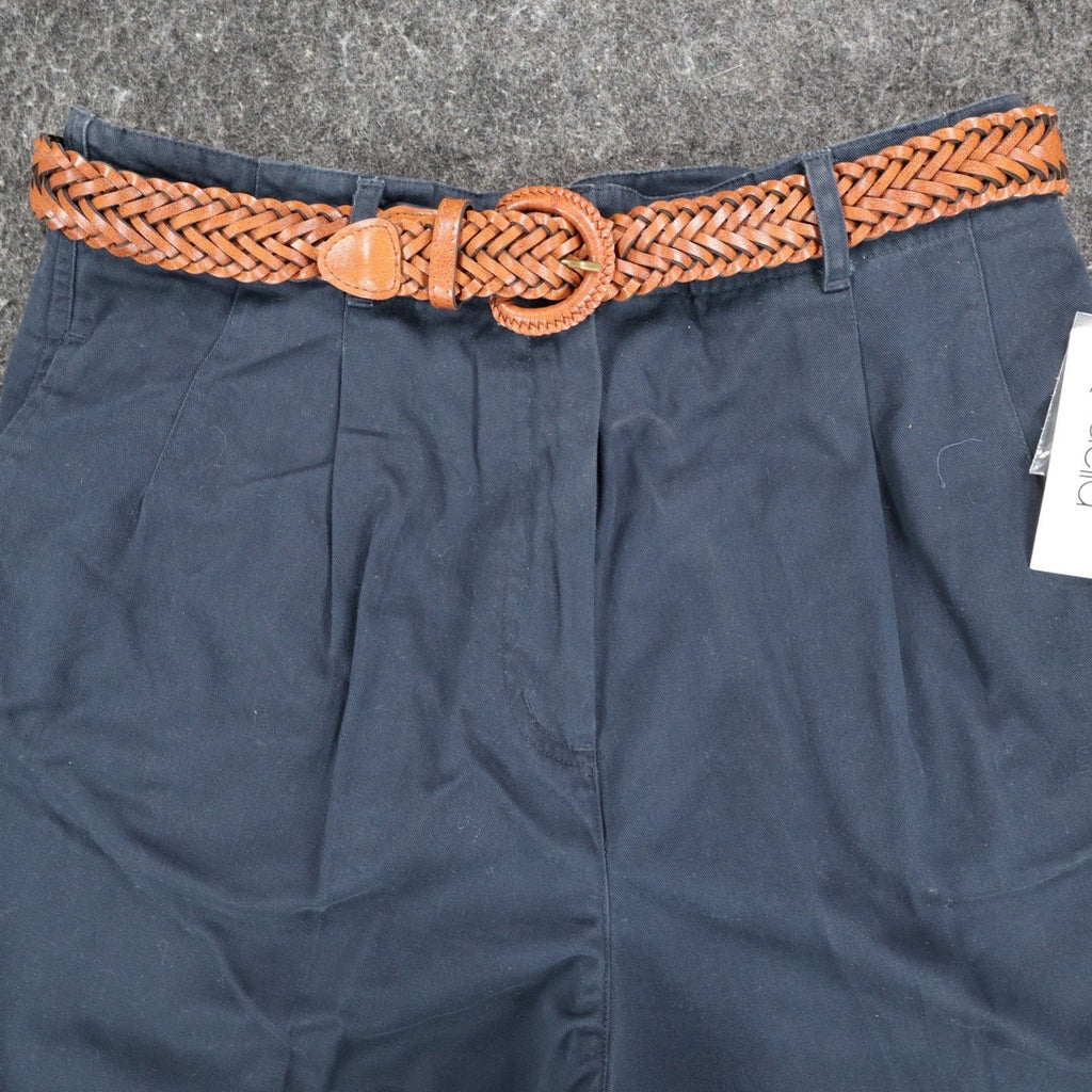 Rafaella Twill Shorts Womens 10 Vintage 90s Navy Blue Cotton Pleated Belted NWT - take2supply