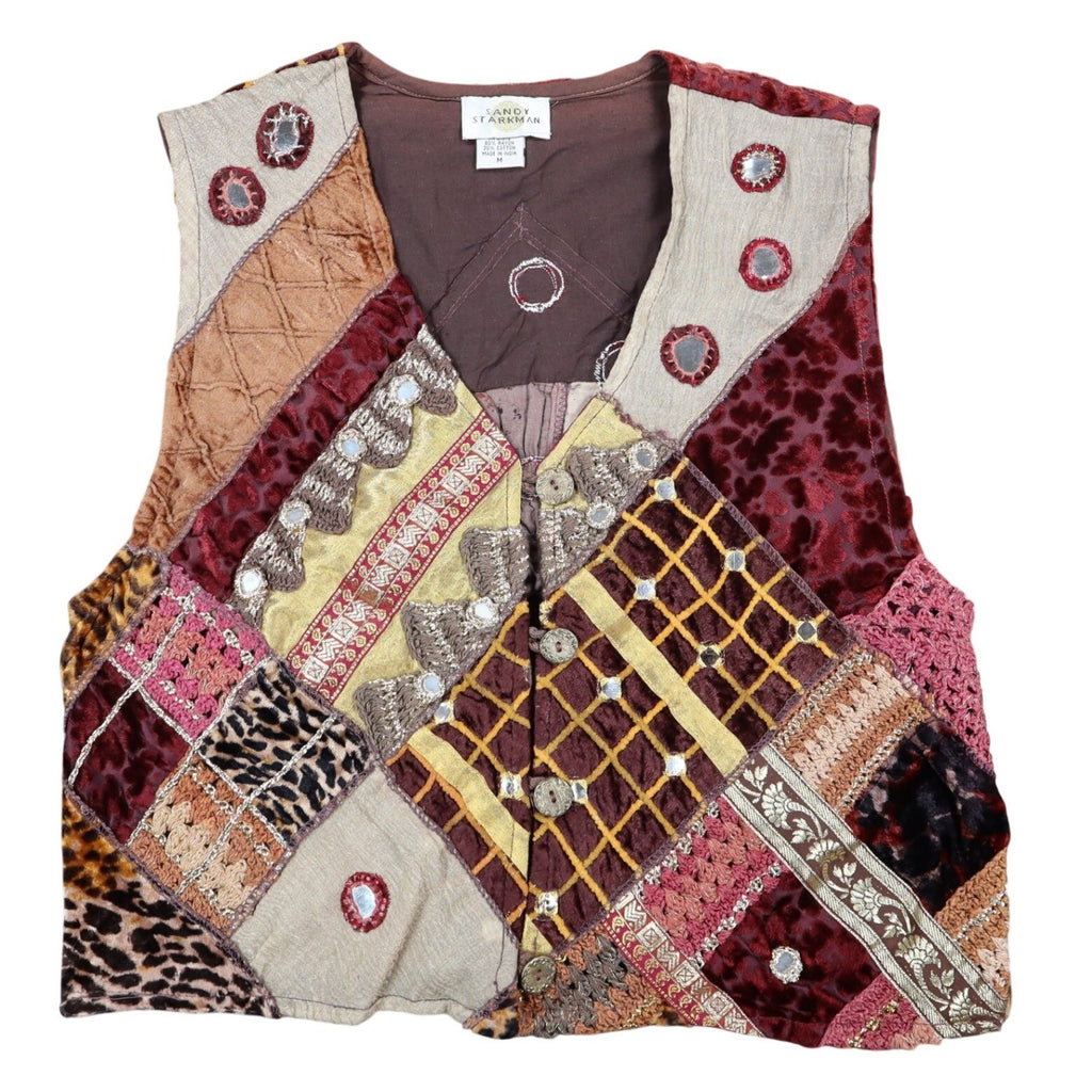 Sandy Starkman Patchwork Vest Womens M Vintage 90s Velvet Embellished Boho Brown - take2supply