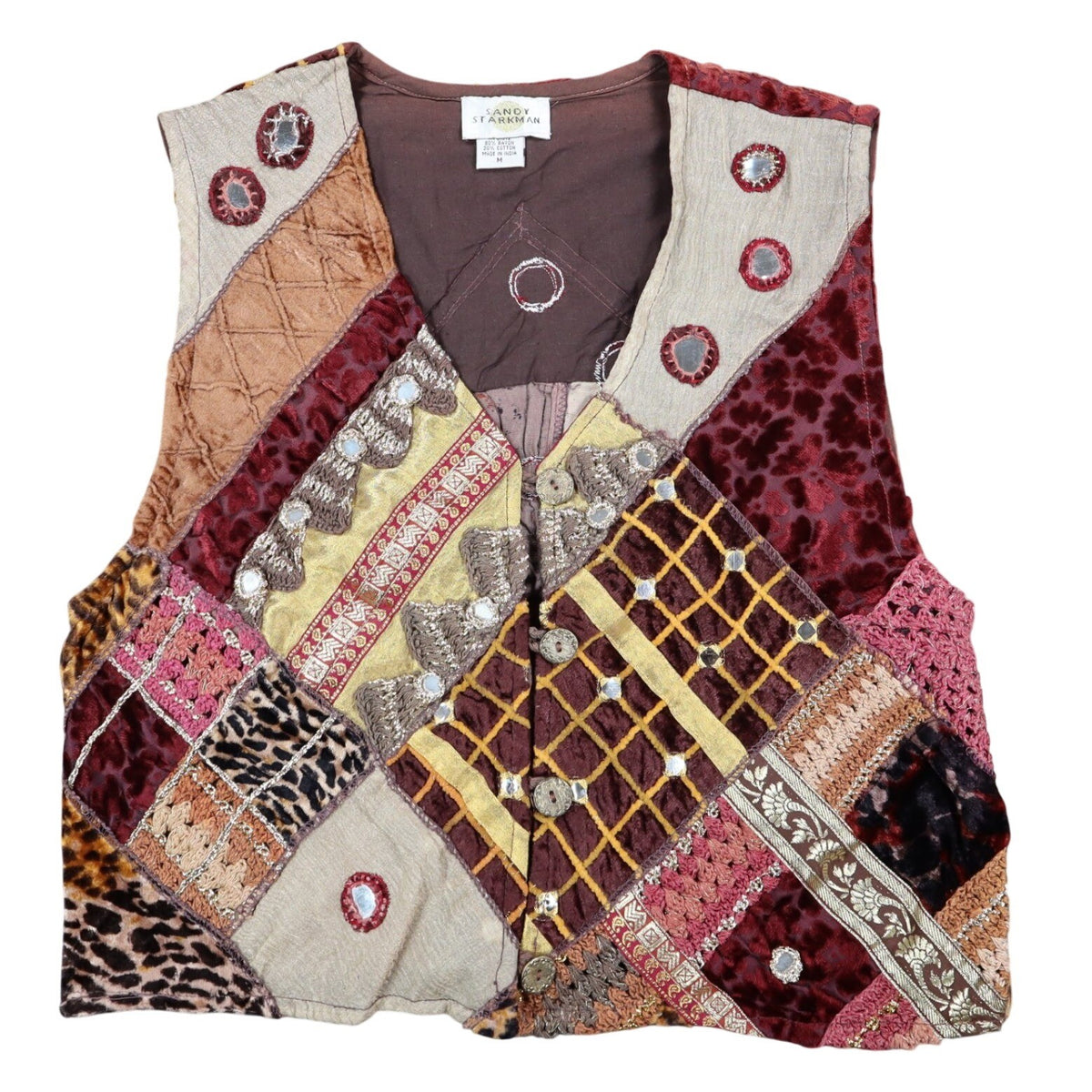 Sandy Starkman Patchwork Vest Womens M Vintage 90s Velvet Embellished Boho Brown - take2supply