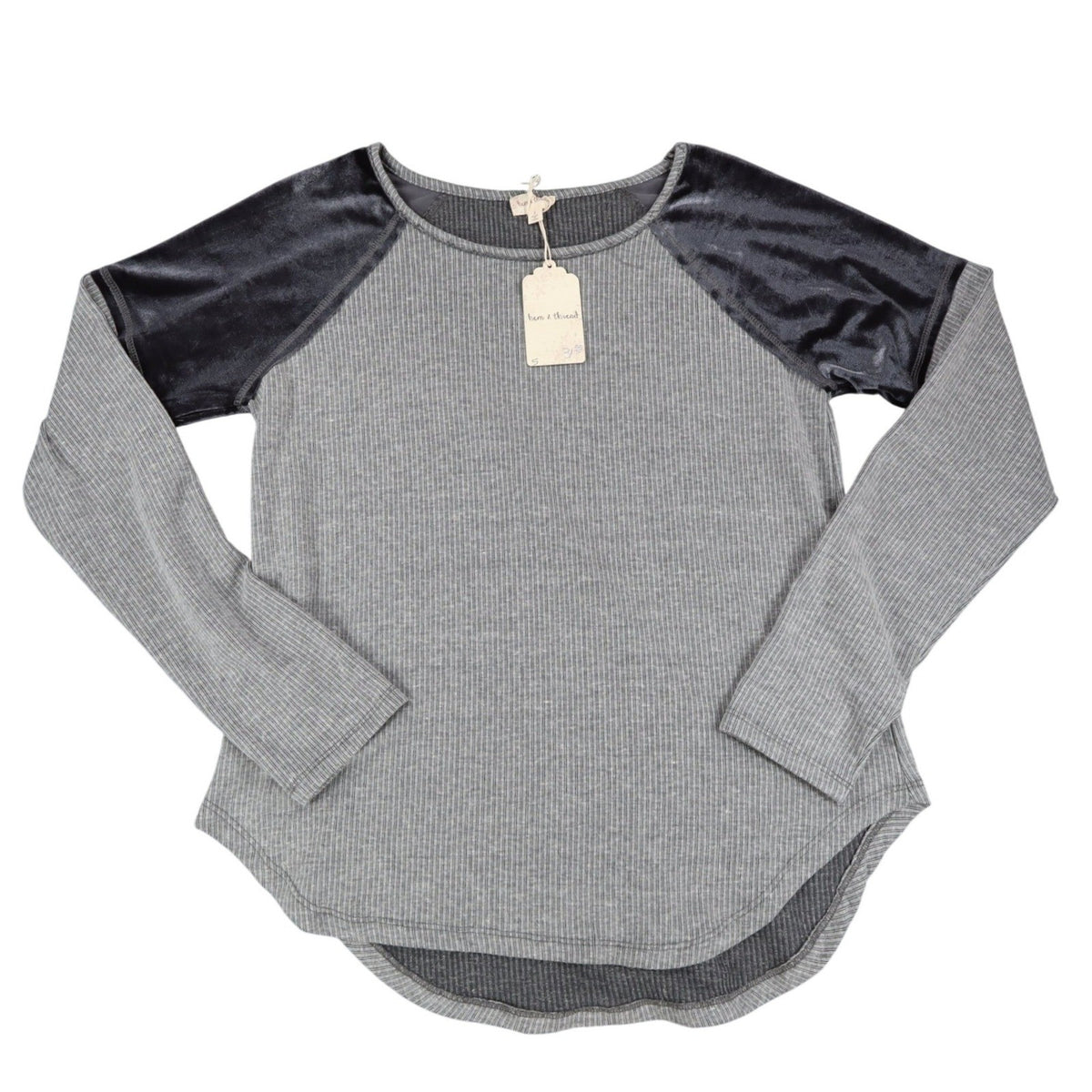 Hem & Thread Top Womens Small Gray Ribbed Velvet Raglan Sleeve Curved Hem C782 - take2supply