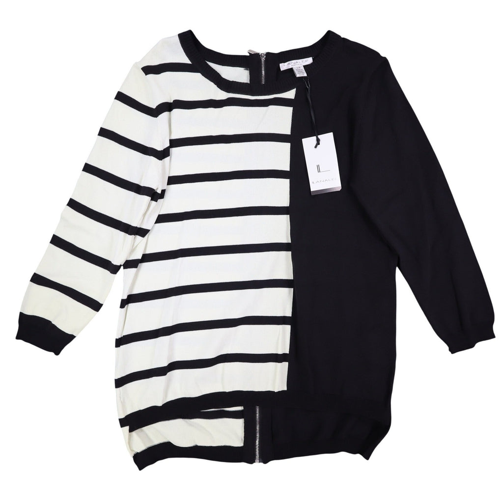 Lanalee Montreal Sweater Womens Large Black White Striped Colorblock Zip Back - take2supply