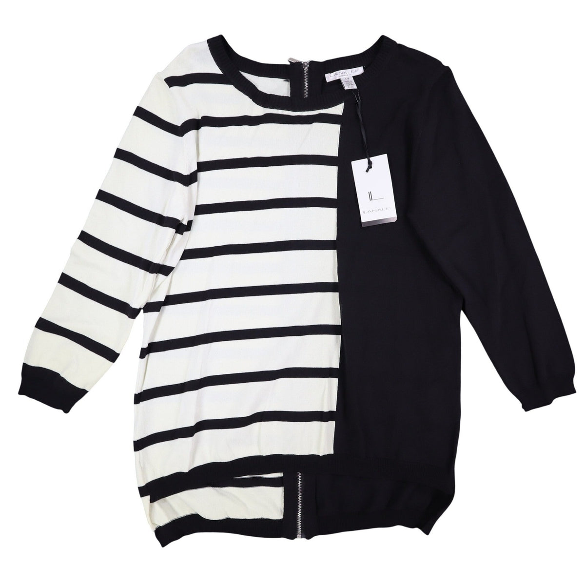 Lanalee Montreal Sweater Womens Large Black White Striped Colorblock Zip Back - take2supply