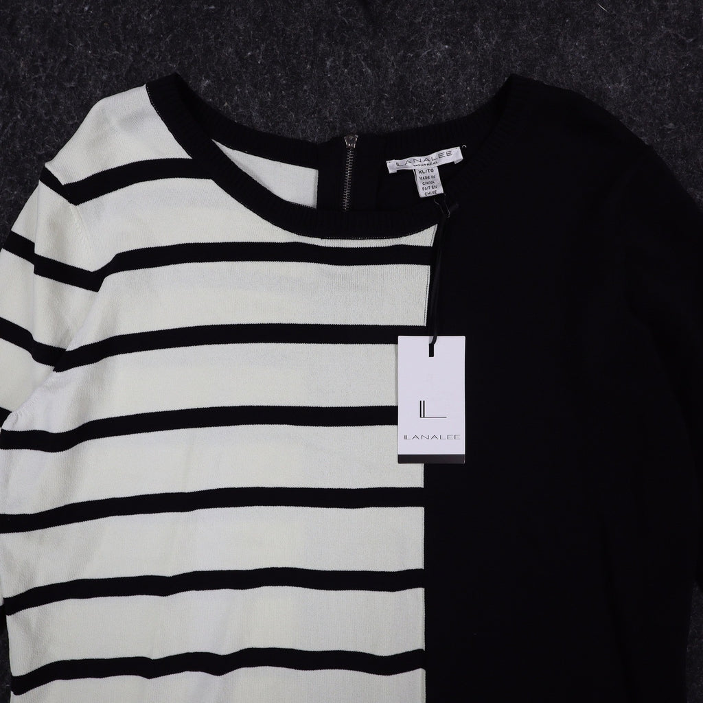 Lanalee Sweater Womens XL/1X Black White Striped Colorblock Back Zip Cotton Knit - take2supply