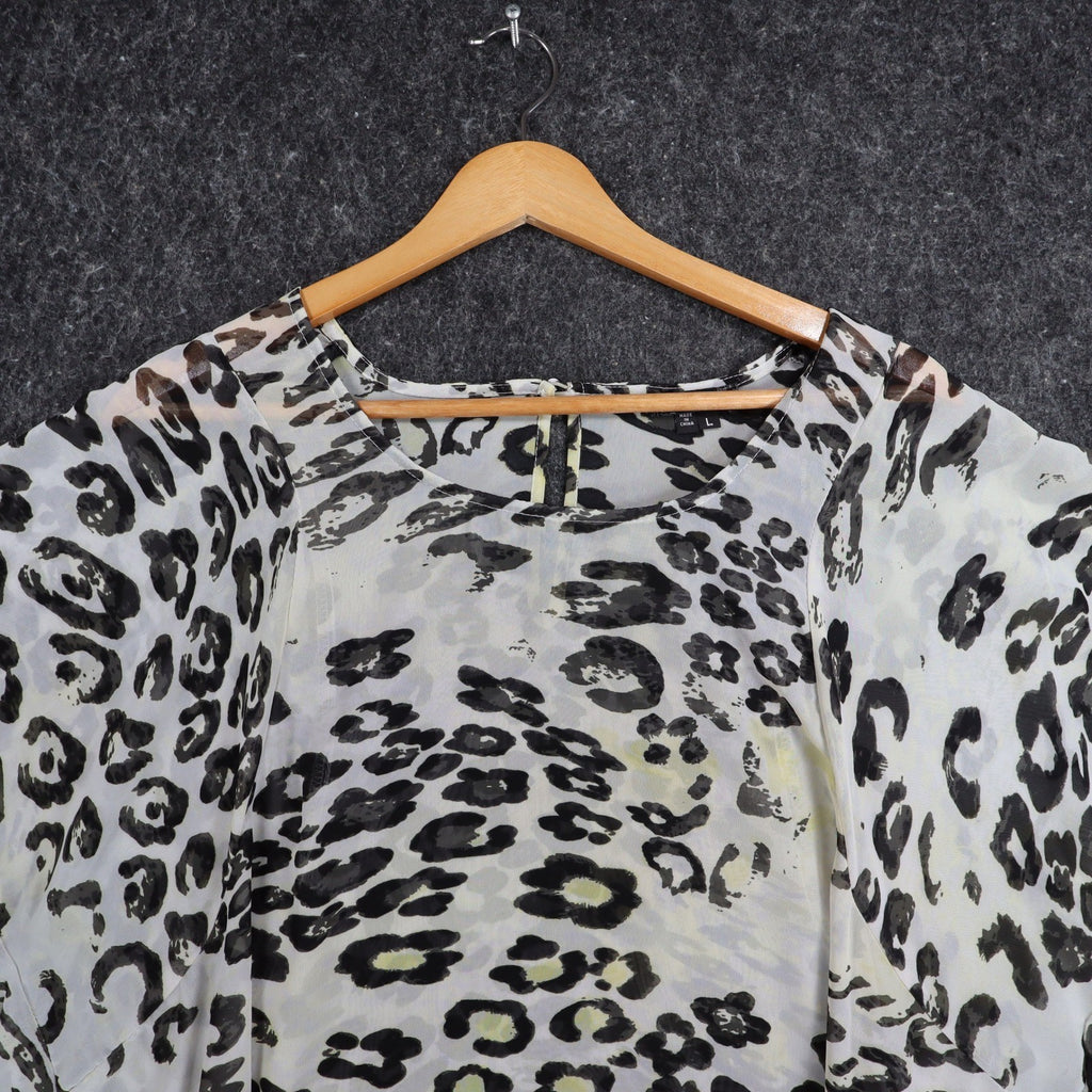 mymichelle Leopard Print Top Womens Large White Black Sheer Chiffon High-Low NWT - take2supply