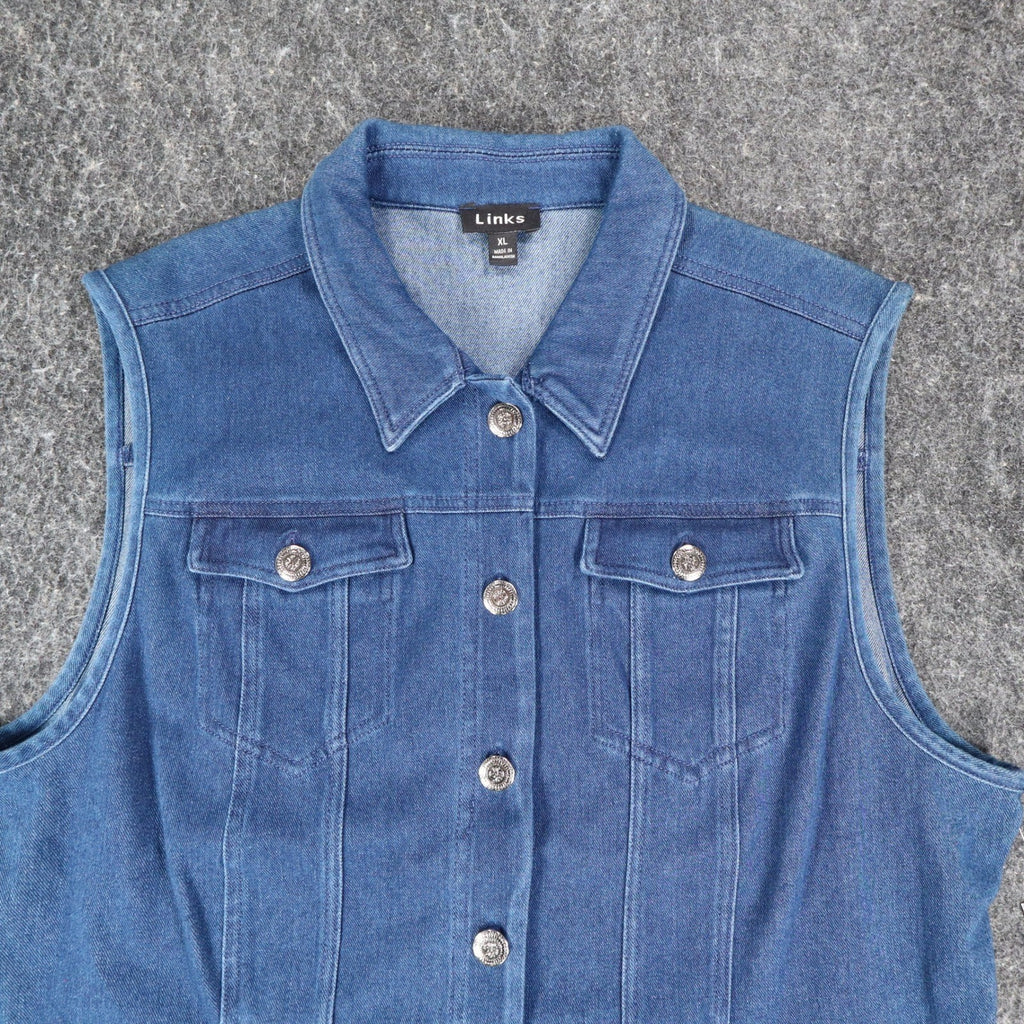 Links Denim Vest Womens XL Blue Stretch Button Front Sleeveless Jean Jacket NEW - take2supply