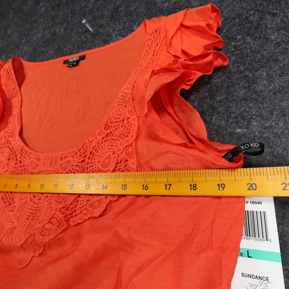XOXO Blouse Womens L Orange Rayon Crochet Lace Ruffle Cap Sleeve Smocked Top NEW - take2supply