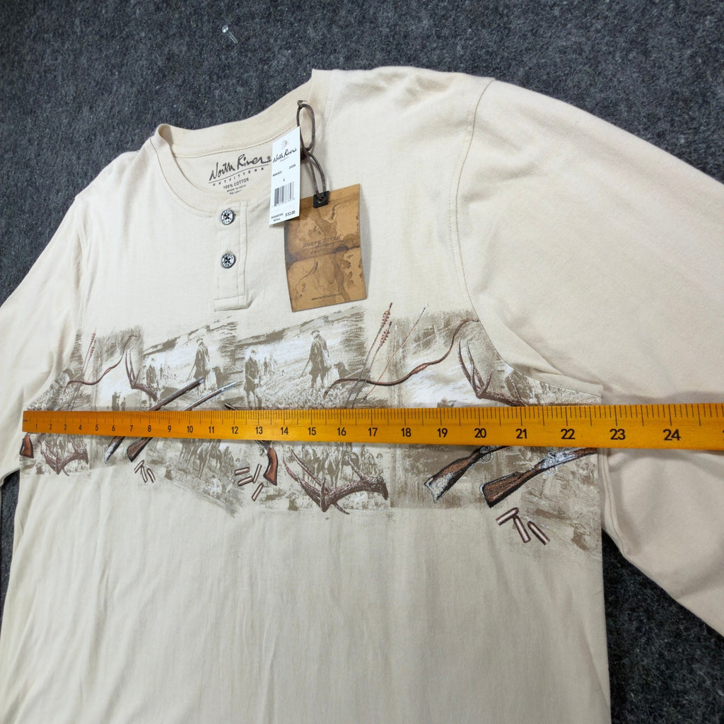 North River Henley Shirt Mens L Oyster Cotton Graphic Hunting Rifle NWT - take2supply