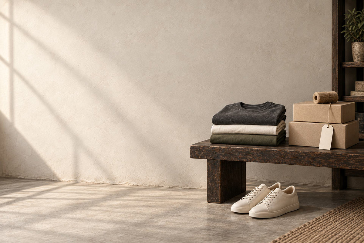 Folded tees, kraft shipping boxes and cream sneakers on a dark wood bench against a warm plaster wall